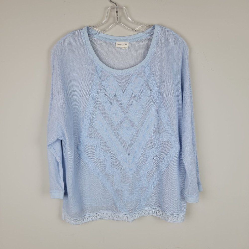 Meadow Rue Blue Mesh Embroidered Crochet 3/4 Bat Sleeves Crew Round Neck Top M